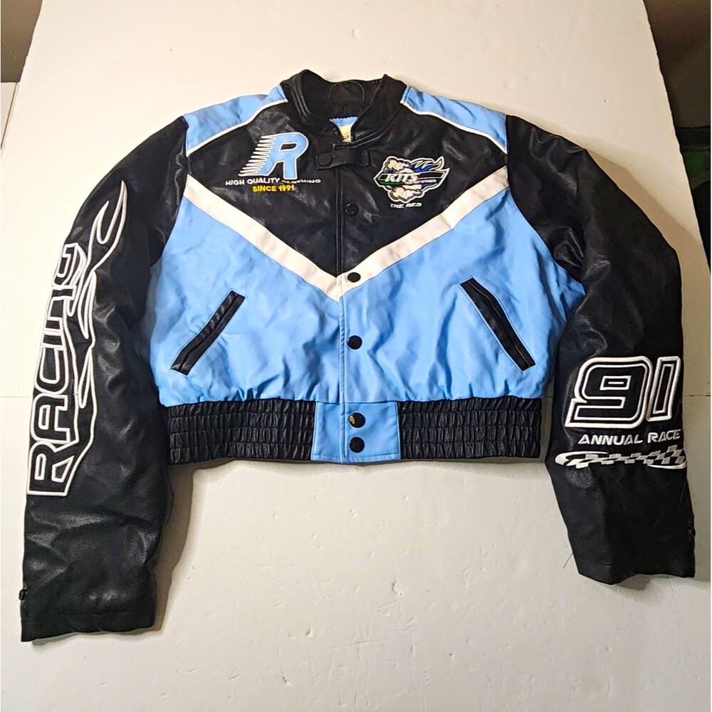 Smoke Rise Women's Cropped Faux Leather Racing Jacket Blue Size Large